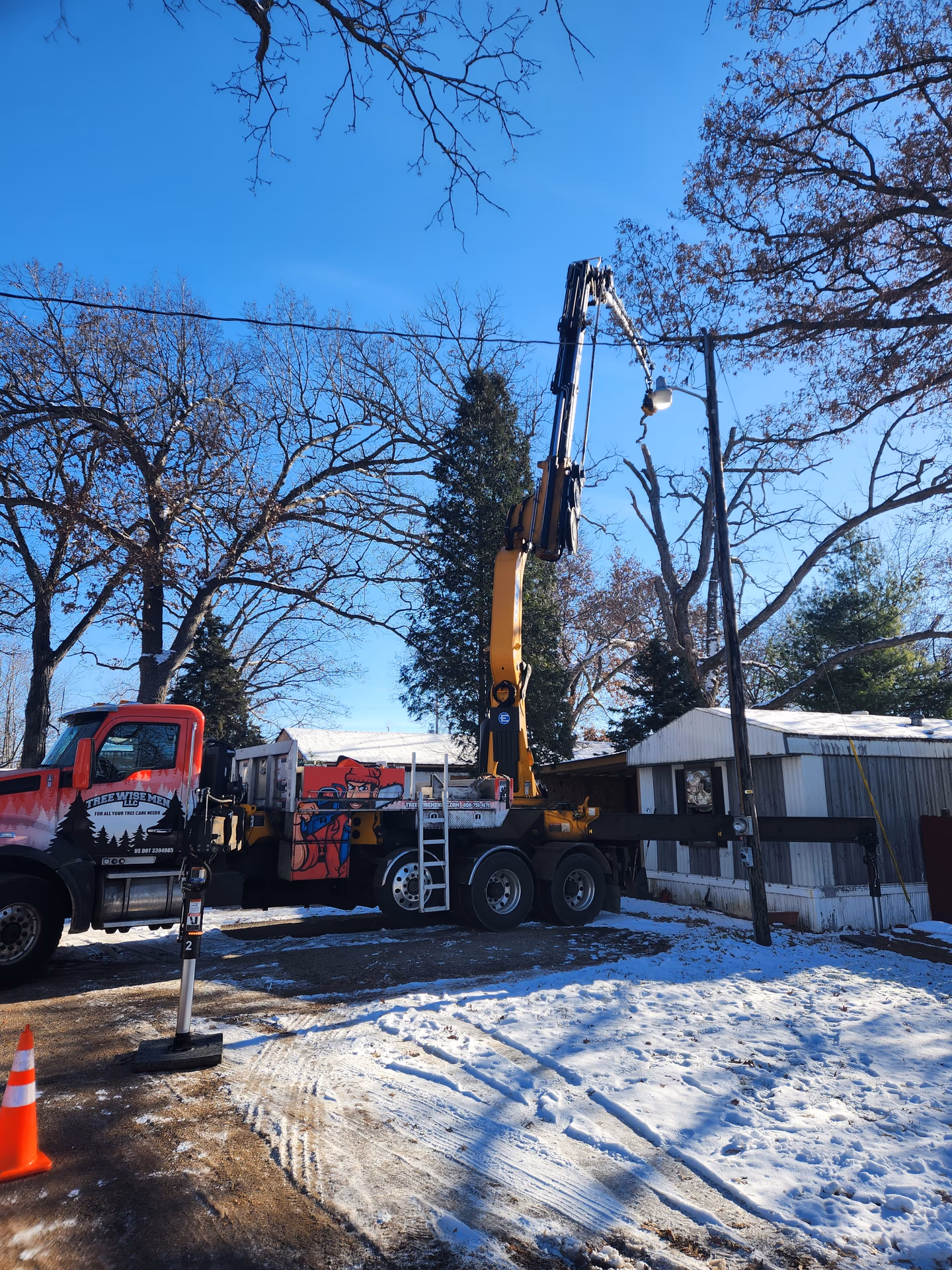 Crane Boom Over a Dead Oak Beside a Mobile Home