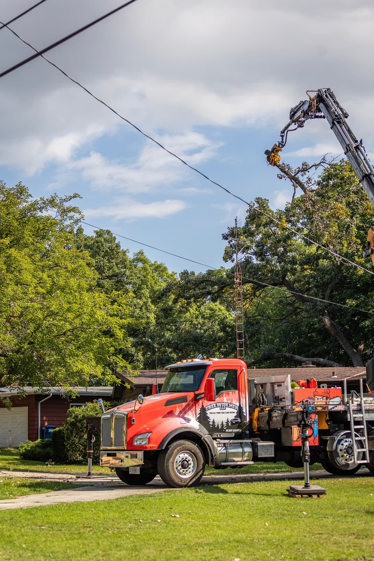 Tree Wise Men crane removing a large tree from a residential backyard